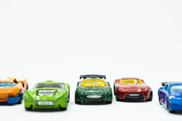 Coleção Brinquedos Carro Corrida Fundo Branco Com Espaço Cópia — Fotografia de Stock