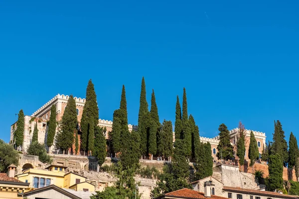 stock image View of Verona historical city centre, Ponte Pietra bridge across Adige river, Verona Cathedral, Duomo di Verona, red tiled roofs, Veneto Region, Italy. Verona cityscape, panoramic view.