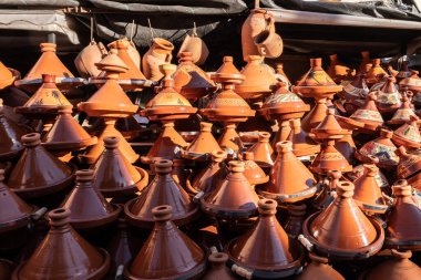 Earthenware tagines for sale in a souk in Marrakesh Morocco