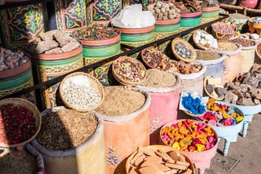 Spices, soaps and other local and typical products for sale in a souk in Marrakesh. Morocco