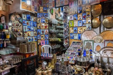 Shop with typical furniture items for sale in a souk in Marrakesh Morocco