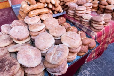 Typical Moroccan bread for sale in a souk in the Medina in Marrakech. morocco