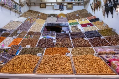 Dates and other dried fruits for sale in a souk in the Medina in Marrakech. Morocco