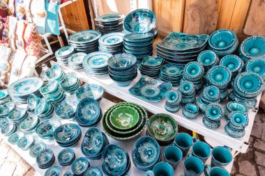 The Moroccos Green Pottery in the Tamegroute Oasis for sale in a souk in Marrakech. Morocco