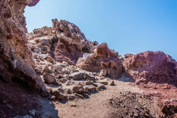 The red earth of the rocky coast of the red beach in santorini in greece