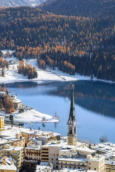Vista Moritz Região Resort Famouse Para Inverno Sprot Partir Colina — Fotografia de Stock