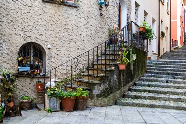 スイスのカントン テクノにある石の階段に古い家や花器が並ぶ裏通りのある古い町の眺め — ストック写真