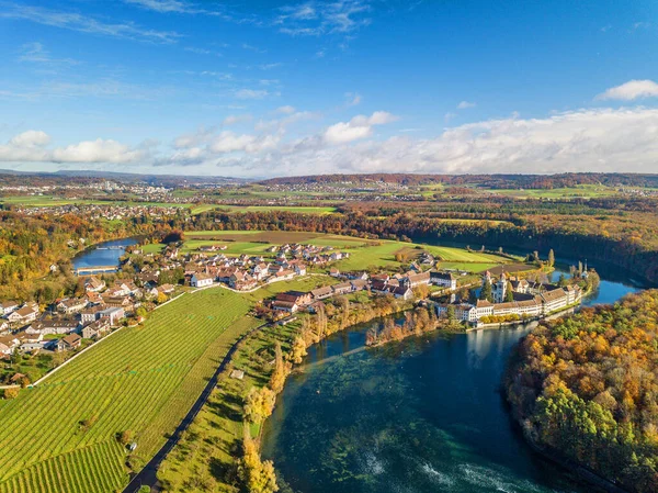 Drohnenbild Der Rheinschwingung Rheinau Mit Der Katholischen Abteiinsel Herbstlichen Glanz — Stockfoto