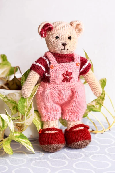 Niedliches Gestricktes Teddybär Spielzeug Amigurumi Handarbeit Aus Wolle — Stockfoto