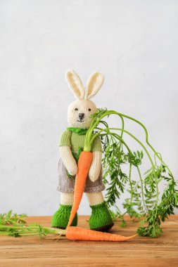 Knitted cute bunny standing on wooden table holding a fresh carrot with copy space