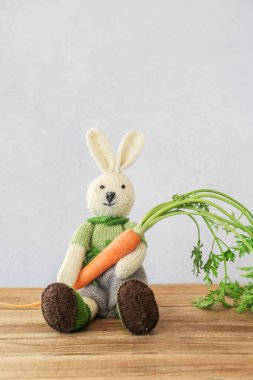 Knitted cute bunny sitting on wooden table holding a fresh carrot with copy space,