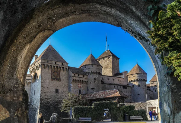 Chillon Švýcarsko Únor 2023 Středověký Hrad Chillon Ženevském Jezeře Kamenného — Stock fotografie