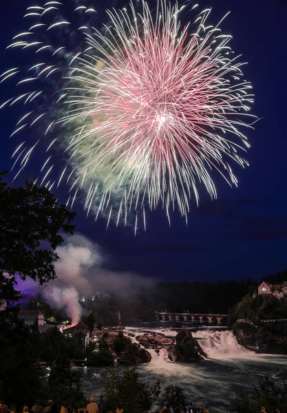 Celebrating Swiss Nationa Day First August Firework Rhinefalls Evening — Stok Foto