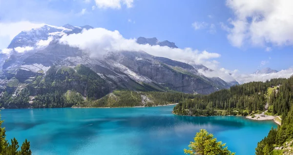 Panorama View Famous Oeschinensee Late Summer Alps Mountain Background Kandersteg — Stock Photo, Image