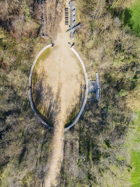 Vista Aérea Drone Sobre Antigas Ruínas Anfiteatro Romano Augusta Raurica — Fotografia de Stock