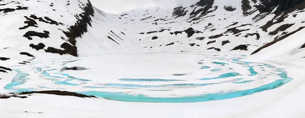 Vista Panorâmica Lago Bachalpsee Congelado Começando Derreter Primavera Primeiro Grindelwald — Fotografia de Stock