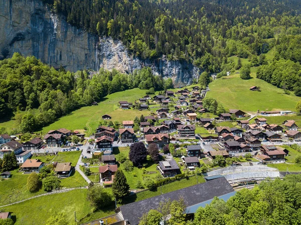 Vista Aérea Del Pueblo Suizo Lauterbrunnen Berner Oberland — Foto de Stock