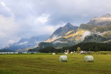 Sils Gölü 'nde sabah havası yükselen sis, ön planda saman balyaları tarım arazileri, Sils Maria, Engadin St. Moritz, İsviçre Alpleri