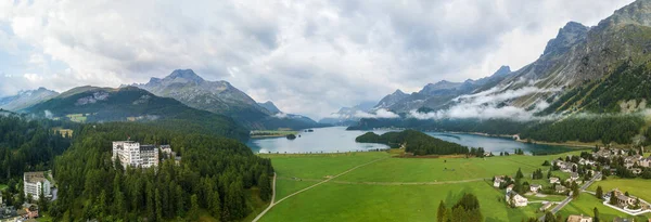 Aerial View Lake Sils Morning Fog Clouds Chaste Island Sils — Stock Photo, Image