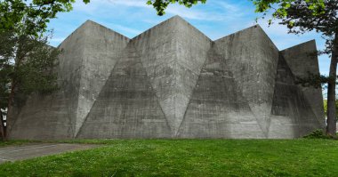 Basel, İsviçre - Nisan 08. 2024: Çıplak beton kubbeli duvar - Basel Sanat ve Tasarım Koleji 'nin konferans salonunun ikonik gaddar mimarisi.