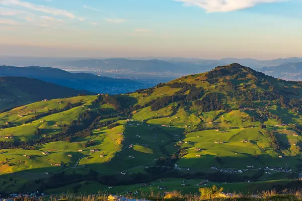 stock image The idyllic countryside landscape at the Swiss Alps Appenzellerland and Alpstein in the warm sunset light