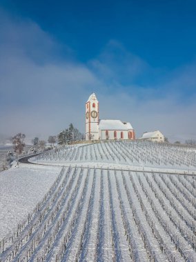  St. Moritz Dağı 'nın kışın karla kaplı asma bahçesi üzerindeki hava görüntüsü, Klettgau Bölgesi, Canton Schaffhausen, İsviçre