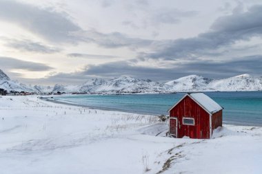 Kışın Lofoten sahilinde terk edilmiş kırmızı ahşap bir ahır.