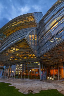 Basel, İsviçre - 09 Aralık 2024: Novartis Gehry Building of Novartis şirketinin mavi saatteki detayları, kafe, restoran ve forumlar için gelecekçi cam ve çelik yapı binası..