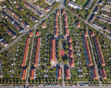 Muttenz, Switzerland - September 29. 2025: Aerial view of Freidorf village - the most important Swiss housing development between the world wars and the first full cooperative in Switzerland.