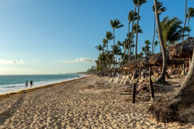 Punta Cana 'da sabahın erken saatlerinde Dominik Cumhuriyeti' nde sakin bir plaj..