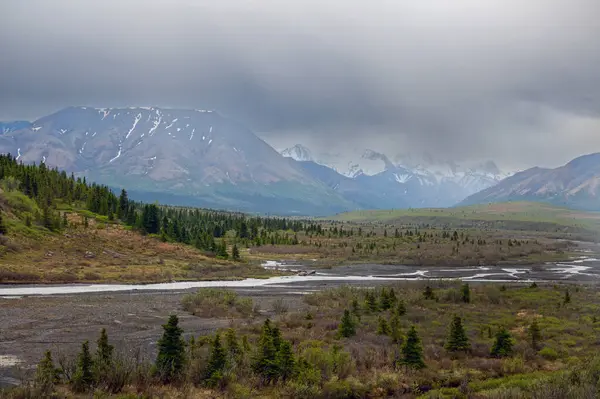 Einige Tief Hängende Wolken Über Den Bergen Denali Nationalpark Alaska Stockbild
