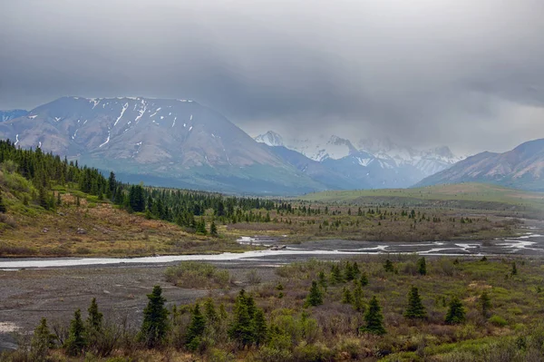 Några Låga Hängande Moln Över Bergen Denali Nationalpark Alaska Stockbild