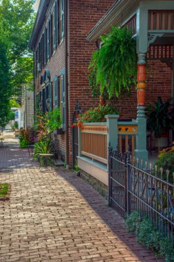Hunterton County, New Jersey 'de popüler bir sanatçı kasabası olan Lambertville NJ' de tuhaf, kaldırım taşı bir cadde..
