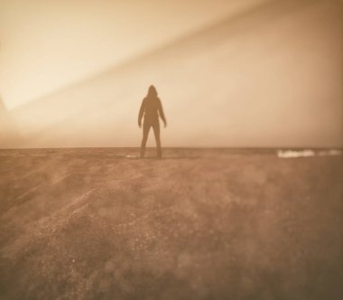 Sahilden denize bakan siluetli bir insanın yaratıcı görüntüsü..