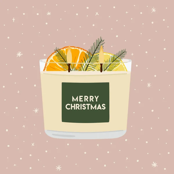 Boldog Karácsonyi Üdvözlőlapot Illatos Szója Viasz Gyertya Szárított Narancs Téli — Stock Vector