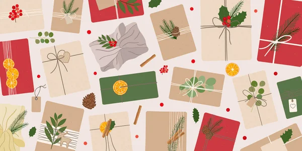 Karácsonyi Banner Kézműves Ajándékdobozok Szárított Narancs Fenyő Fenyő Kúp Fahéj — Stock Vector