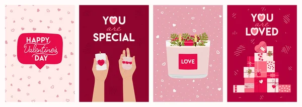 Набор Поздравительных Открыток День Святого Валентина Свечами Руками Подарочными Коробками — стоковый вектор
