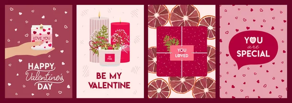 Set Von Glückwunschkarten Zum Valentinstag Mit Kerzen Händen Geschenkschachteln Grün — Stockvektor