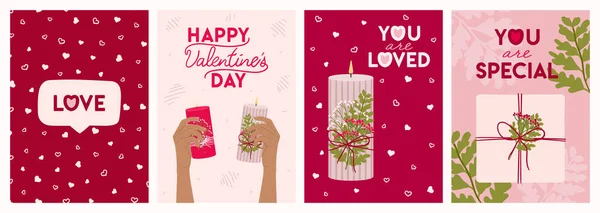 Набор Поздравительных Открыток День Святого Валентина Свечами Руками Подарочными Коробками — стоковый вектор