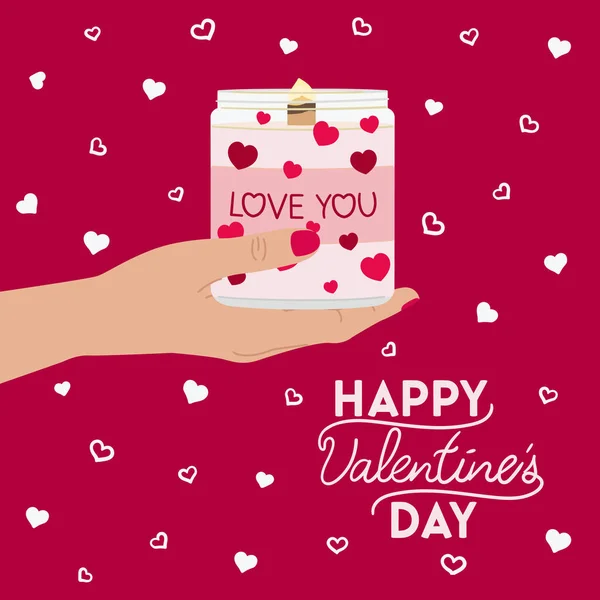 Valentinstag Quadratische Grußkarte Mit Kerze Weiblicher Hand Grün Und Schriftzug — Stockvektor