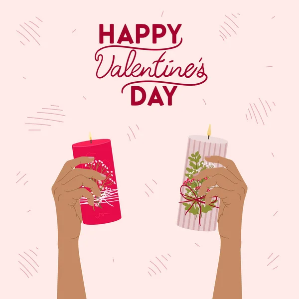 Tarjeta Felicitación Cuadrada Del Día San Valentín Con Velas Manos — Vector de stock
