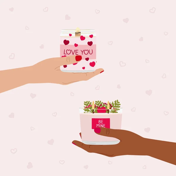 Открытки День Святого Валентина Свечами Руками Подарками Зеленью Буквами Днем — стоковый вектор