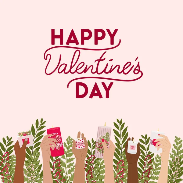 Tarjeta Felicitación Cuadrada Del Día San Valentín Con Velas Manos — Vector de stock