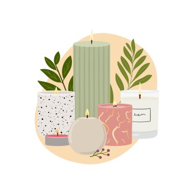 Kokulu yanan mumların tasviri. Balmumu, parafin, soya, kavanozda hindistan cevizi mumları ve yeşil ve soyut şekilli sütun. Ev dekoratif mumlar. El çizimi vektör illüstrasyonu