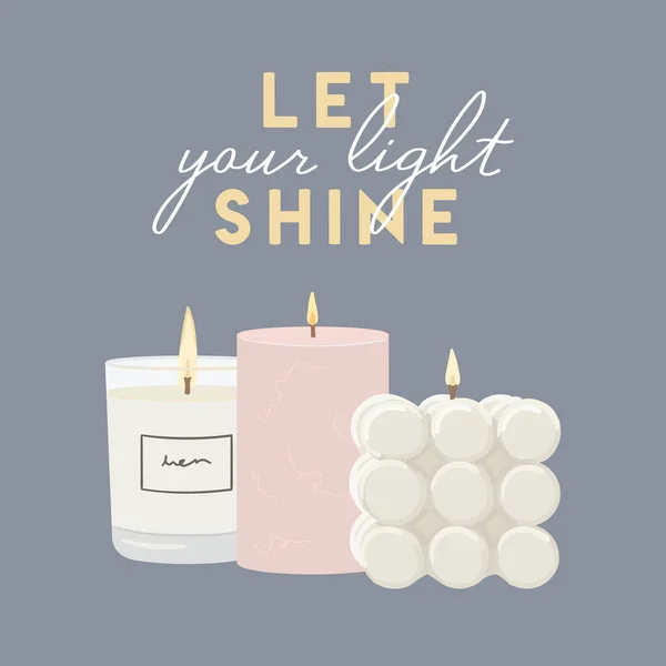 Lass Dein Licht Leuchten Zitat Illustration Duftender Brennender Kerzen Mit — Stockvektor