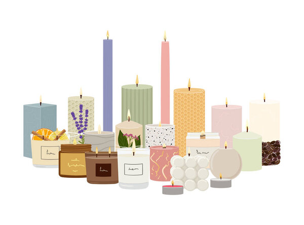 Набор ароматизированных горящих свечей стоит вместе. Пчелиный воск, парафин, соевые и кокосовые восковые свечи в банке и колонне. Коллекция ароматических свечей. Никаких экологических подарков. Векторная иллюстрация