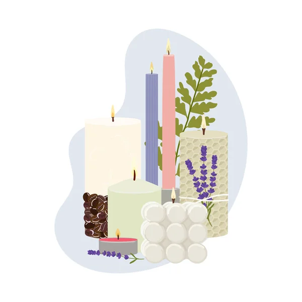 Illustration Von Duftenden Brennenden Kerzen Bienenwachs Paraffin Soja Kokoswachskerzen Glas — Stockvektor