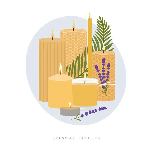 Illustration Von Duftenden Brennenden Kerzen Bienenwachskerzen Mit Grüner Und Abstrakter — Stockvektor