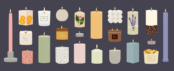 Set of scented burning candles. Beeswax, paraffin, soy, coconut wax candles in jar, containers and pillar.  Aroma SPA candles collection. Zero waste eco gifts. Hand draw vector illustration