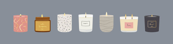 Набор ароматизированных горящих свечей. Соевые и кокосовые восковые свечи в банках и чашках. Домашние декоративные натуральные свечи. Коллекция ароматических свечей. Никаких экологических подарков. Векторная иллюстрация 